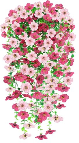 Epaing Kunstblumen Hängend, 2 Stück Künstliche Blumen für Draußen, Hängepflanze Künstlich, Hängende Kunstpflanzen, Künstliche Hängepflanzen für Haus Balcony Hof Hochzeit im Indoor-Dekor(Rose Pink)