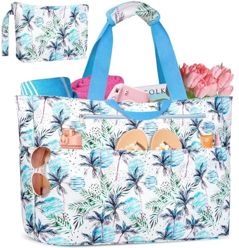 BTNEEU Strandtasche mit Reißverschluss Strandtasche XXL Familie Extra Große 50L Badetasche Wasserdicht Sanddicht Beach Tote Bag Damen mit 14 Taschen Shopper für Reisen Fitness Pool (Blau Blätter)