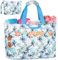 BTNEEU Bolsa de Playa Grande XXL con Cremallera Bolso Playa Familiar 50L Impermeable Bolso de Viaje Mujer Plegable Beach Tote Bag con 14 Bolsillos Shopper para Piscina Picnic Gimnasio (Azul Hojas)