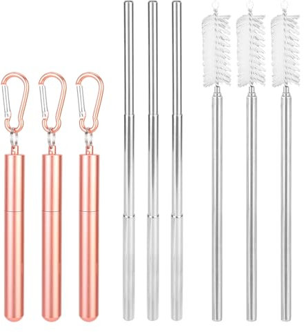 Pajitas de Metal Reutilizables, Pajitas Portátiles Reutilizables Plegables de Acero Inoxidable Telescópicas Portátiles con Cepillo de Limpieza y Estuche (Rosa-3 Pcs)