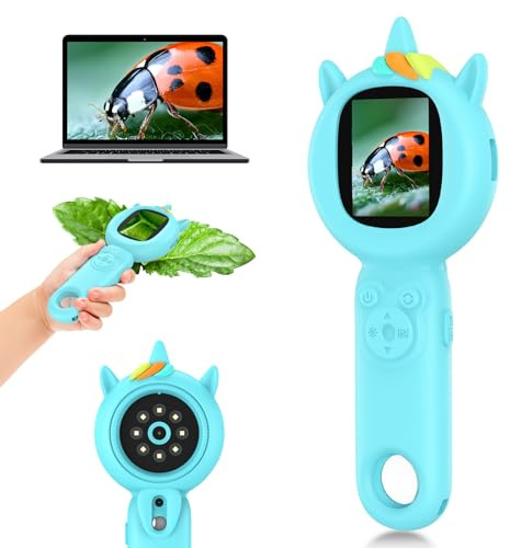 Microscope pour Enfants Mini Portable avec Écran: Loupe Numérique Portable 500X avec Caméra HD - Jouets Cadeau pour Enfants de 3 à 12 Ans, Pièces de Monnaie, Plantes, Carte SD 32 Go (Bleue)