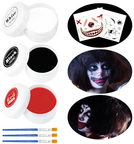 HuaMuDM 150g Halloween Schminke Schwarz Weiß Rot,Halloween Gesichtsfarbe mit Makeup Pinsel und 2 Aufkleber,Faschingsschminke für Halloween,Halloween Clown Makeup Kit,Faschingsschminke Theaterschminke