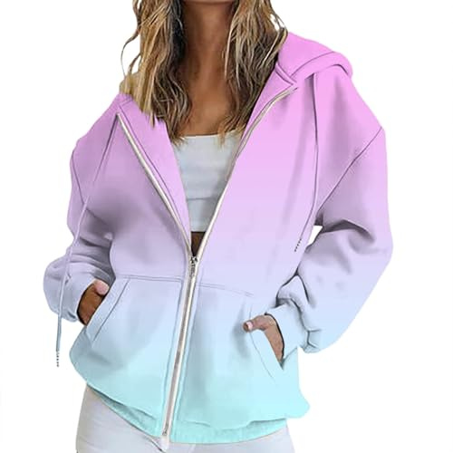 Uwdiohq Felpa Donna con Zip Cappotto Sportiva Leggero Hoodie Casual Classico Colori sfumati Felpe con Cappuccio Giacca Leggero Hoodie Cotone Manica Lunga Sweatshirt Aperto con Tasche