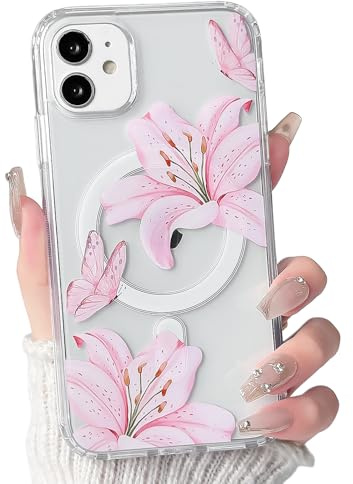 NITITOP for iPhone 12/12 Pro Case Clear Cute Floral Lily Magnetic, Pink | for Women Girls, Flower Butterfly Design, Compatible with MagSafe, Hard PC Back Shockproof Cover, Full Camera Protection