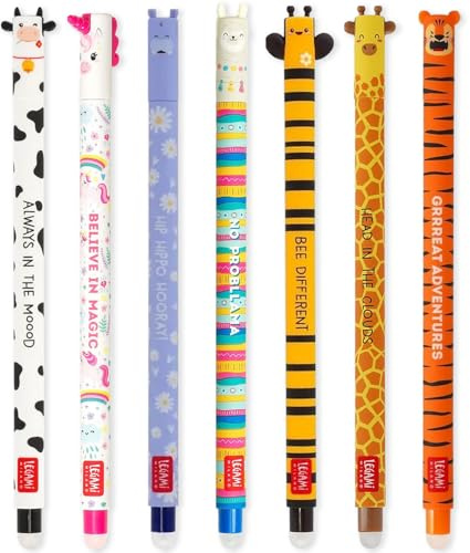 LEGAMI - Set of 7 Erasable Gel Pens with Thermosensitive Erase Ink, Range of ink colours & barrel designs, 0.7mm Tip, Cow, Unicorn, Hippo, Llama, Bee, Giraffe, Tiger Designs