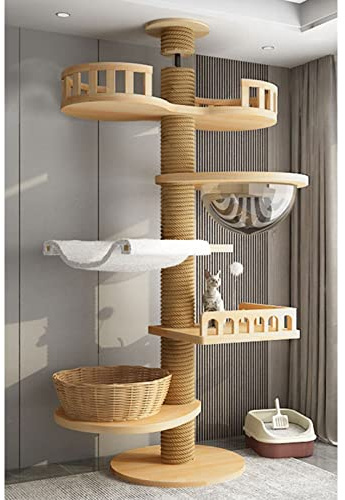 Multi-Level Cat Tree for Large Cats - Floor to Ceiling Furniture with Hammock and Scratching Posts - Cozy Nest for Indoor Use