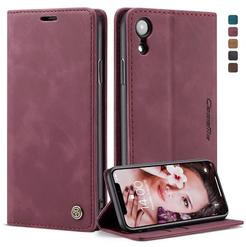 Ottcooed Handyhülle für iPhone XR Hülle, Premium Leder Flip Case, Magnet Klappbar Klapphülle Tasche, Standfunktion Kartenfach Wallet Schutzhülle für iPhone XR, Weinrot