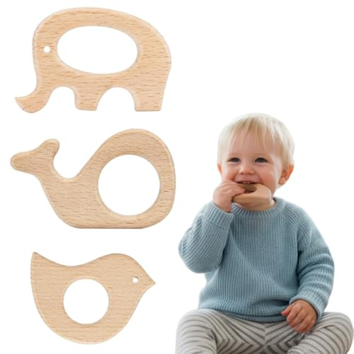 BCHKO 3-teiliges Baby-Beißring-Set, Babyfiguren aus Holz, Ringe aus Naturholz, handgefertigtes Anhänger-Set für DIY-Schmuck und Bastelarbeiten (Naturholz)