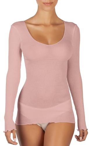 EGI 1493 T-shirt pour femme à manches longues en laine microcône, élégant sous-vêtement doux et chaud, fabriqué en Italie,, Poudre, L/XL
