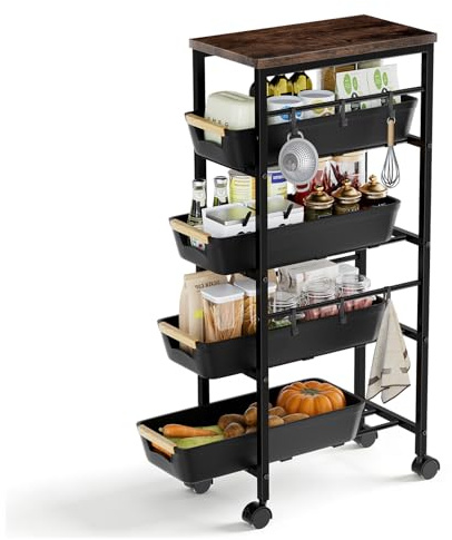 Carrello Cucina, Carrello Con Ruote Portatutto Cucina, Cesto Impilabile Per Frutta E Verdura, Carrello Da Cucina A 5 Livelli, Carrello Cucina Salvaspazio Con Ruote Bloccabili E Piano In Legno