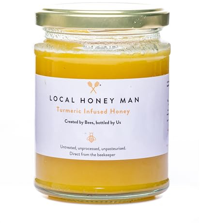 Turmeric Infused Honey - Natural, Unprocessed, 100% Pure Single Origin British, Unheated & Unfiltered Glass Jar 340g