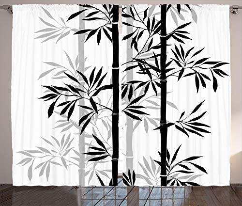 ABAKUHAUS Bambus Rustikaler Vorhang, Bambus-Baum-Blätter, Wohnzimmer Universalband Gardinen mit Schlaufen und Haken, 280 x 175 cm, Schwarz Weiß