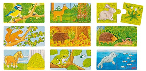goki 57464 - Minipuzzle Wer frisst was? Aus Holz - 18-teilig, 9 Motive