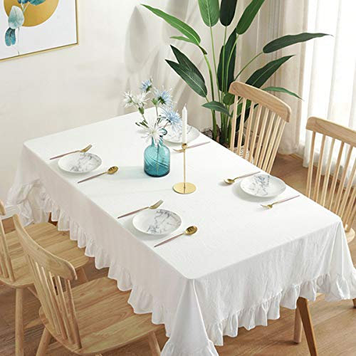 ACVIP Tischdecke Unifarbe Rechteckige Tischtücher mit Rüschen Baumwolle Leinen Tischdecken Rechteck Couchtisch(Weiß, 90 x 90 cm)