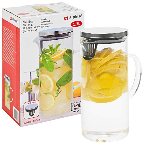 Clear 1 or 1.3 Litre Glass Jugs Pitchers with Filters and Handles for Water, Juice, Beverages and Punch (1.3 Litre)