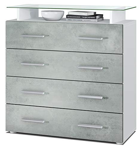 Vladon Sideboard Pavos V2, Kommode mit 4 Schubladen und Glasablage, Weiß matt/Beton Oxid Optik (76 x 81 x 35 cm)