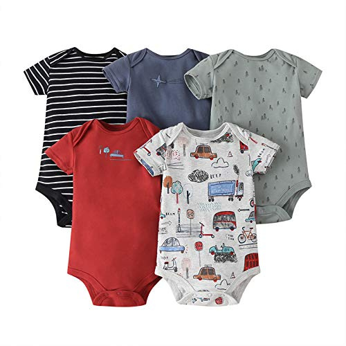 amropi Bébé Body Garçons Lot de 5 Bodies à Manches Courtes Coton D'été Combinaison 18-24 Mois,Noir/Rouge/Blanc