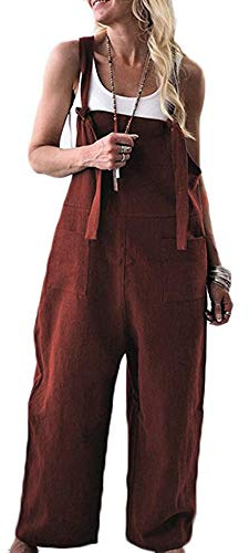 YILEEGOO Cotton Linen Dungarees for Women, Ladies Casual Overalls Baggy Wide Leg Pants Jumpsuit Playsuit (Brown, X-Large)