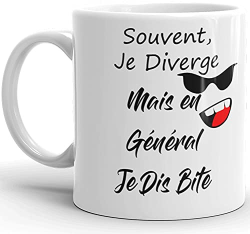 Kalféa Mug Humour cadeau souvent je diverge je dis bite tasse drole Qualité Idée cadeau marrant original Anniversaire Noël Fête homme femme collegue ami famille ceramique 325ml