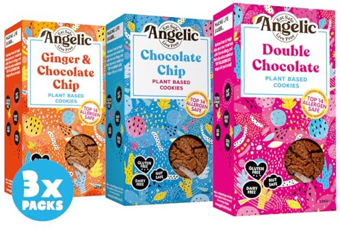 Angelic Free From 3 Mixed Box Vegan & Gluten Free Cookies. 3 Boxes Of Dairy, Nuts, Soya, Egg, Peanut Free Biscuits. Allergy Safe Snacks. Chocolate Chip, Double Chocloate and Ginger and Chocolate