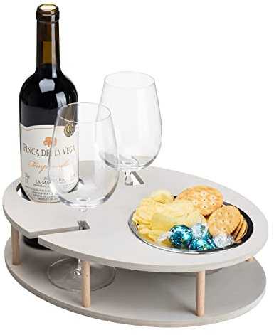 INEXTERIOR WeinBar - Weinhalter für die Couch - Handgefertigt in Deutschland - Couchbar - Sofatablett - Weinregal - Snackschale - Snackhalter (Grau, Mit Gravur)
