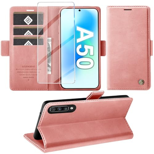 Giyer Handyhülle für Samsung Galaxy A50 Hülle mit Schutzfolie, Standfunktion Kartenfach Wallet Premium Leder Schutzhülle A50/A30S Flip Case Cover Stoßfeste Klapphülle A50/A30S 6,4 Zoll (Rosa)