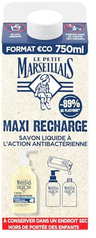 Le Petit Marseillais | Maxi Recharge Savon Liquide à l'Action Antibactérienne (brique de 750 ml) – Recharge savon liquide pour flacon-pompe – Savon mains à l'huile essentielle de sauge