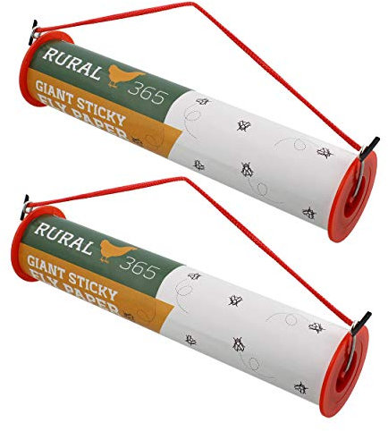Ruralty Cinta adhesiva para moscas – 30 pies horizontal o vertical para colgar en interiores y exteriores, paquete de 2 rollos de cinta para trampa para moscas de insectos