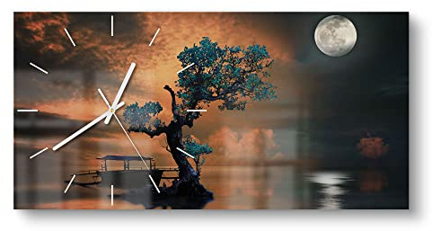 DEQORI Glasuhr | vertikal 60x30 cm | Motiv Einsamer Baum und Mond | große XXL Design Uhr aus Glas | leise Wanduhr für Wohnzimmer & Küche | Moderne Hingucker Uhr für die Wand