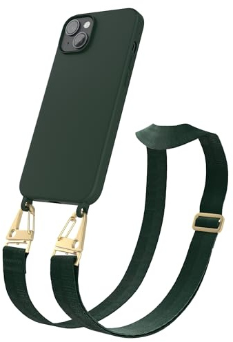 EAZY CASE - Hülle mit Band kompatibel mit iPhone 14 Plus Handyhülle mit Umhängeband Silikonhülle Schwarz Handykette zum Umhängen Handykordel Schutzhülle für Smartphone in Pinien Grün - Clips Gold