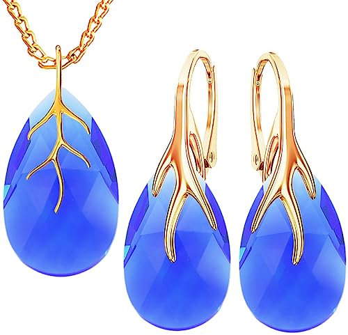 Poire Magnifique Ensemble Argent 925 de Bijoux Boucles d'oreilles et Collier avec Chaîne Pour Femme avec Cristaux Autrichiens, Cadeau Parfait Pour Femme Pour Maman Fille (Majestic Blue)