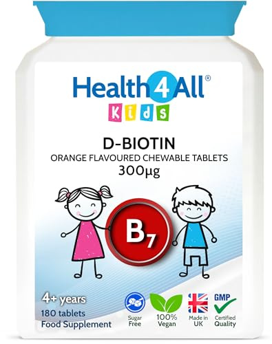 Health4All Kids D-Biotin 180 Chewable Tablets 6 Months Supply, Hair Growth and Strong Nails Supplement for Children 4+, Natural Vegan Orange Flavour, Sugar Free | Made in UK (not Gummies)