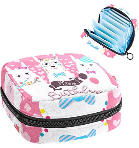 Happy Birthday Alpaka-Lama-Perioden-Tasche, tragbar, Tampon-Aufbewahrungstasche für Damenbinden, Mehrfarbig, 4.7x6.6x6.6 in/12x17x17 cm