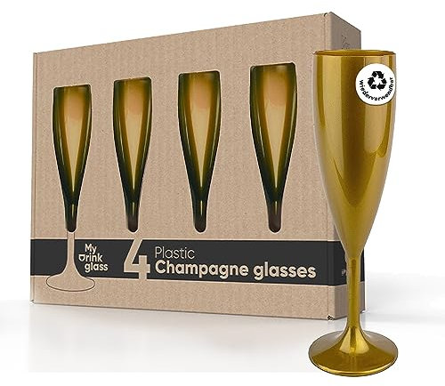 MyDrinkglass Coupe Champagne Plastique Givet 190 ml - Flute Champagne 4 Pieces - Verre Plastique Reutilisable Set - 4 Verre Camping Incassables - L'or