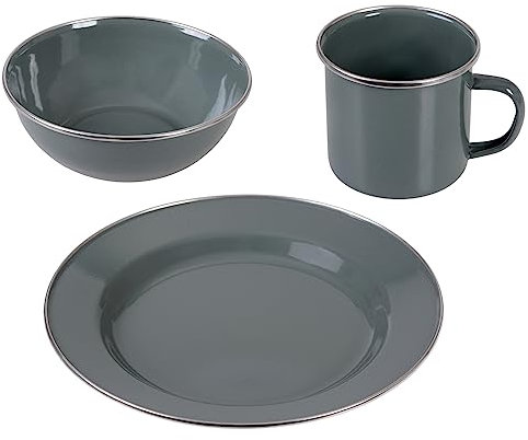 GRÄWE Set de vaisselle de camping en émail gris – assiettes, bols, gobelets avec anse pour des expériences en plein air, idéal pour le camping et les pique-niques