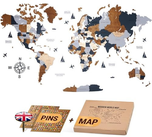 WOW WOOD® Premium Wanddeko 3D Weltkarte Holz in Englisch mit Pins | Werkzeuglose Wandmontage | Eine Geschenkidee für jede Gelegenheit | Wanddeko Holz für Wohn- und Büro Deko | Dunkelbraun L(160x85cm)
