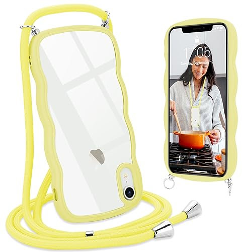 L-FADNUT Chaîne de Téléphone Portable pour iPhone XR Coque avec Lanière Silicone avec Cordon à Porter Autour du Cou Transparent Coque de Protection pour iPhone XR Jaune