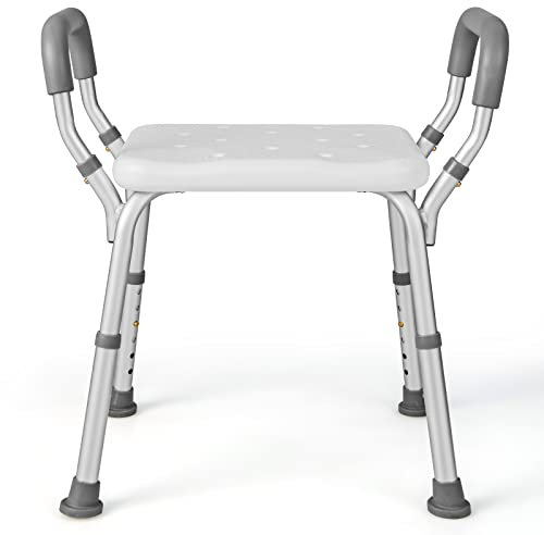 COSTWAY Tabouret de Douche, 6 Hauteurs Réglables 36-49cm, Chaise de Douche, Accoudoirs Amovibles, Pieds En Caoutchouc Antidérapants, Tabouret Salle de Bain pour Agées Handicapées Femme Enceinte (Gris)