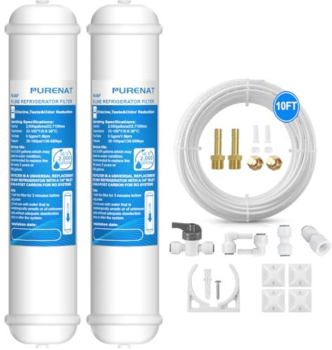 Filtro dell'acqua in linea per frigorifero e macchina del ghiaccio (confezione da 2), filtro a carbone di ricambio da 1/4 per sistema idrico ad osmosi inversa, include tubo dell'acqua da 1/4 e