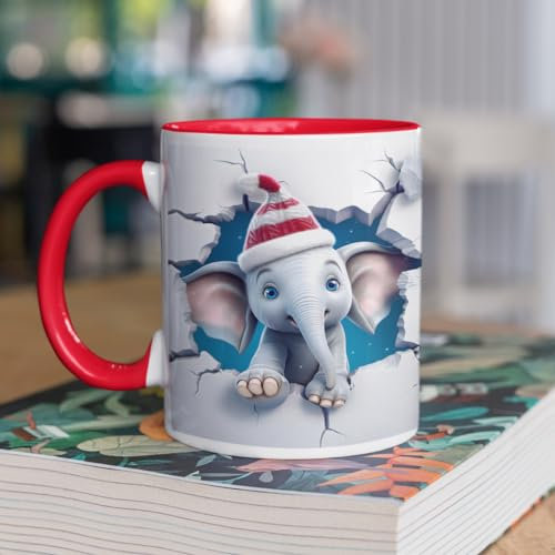 3D Cute Animal Mug | Creative Design Ceramic Coffee Mug | Elephant Mug | 3D Effect Crack Mugs Xmas Christmas Funny Gift Presents Novelty Red Trim Dishwasher/Microwave Safe Ceramic 11oz
