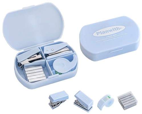 Mini Tacker Set Mini Heftgerät Tacker Klein Mini mit 500 Standard No. 10 Heftklammern, Lochzange für Papier 5.5mm Klebebandabroller inkl, Tragbar für Schulen Arbeitsplätze Familien Unternehmen (Blau)