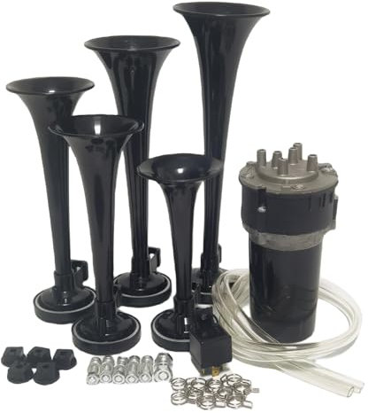 YIYIDA Lufthupe Autohupe Car Horn Musikhupe Dixie Lautsprecher 165db Air Horn schwarz Five Tube Trompete Wasserdichtes Mehrfrequenzhorn mit Luftpumpe LKW Hupe Auto Horn für 12V Auto LKW Schiff ect
