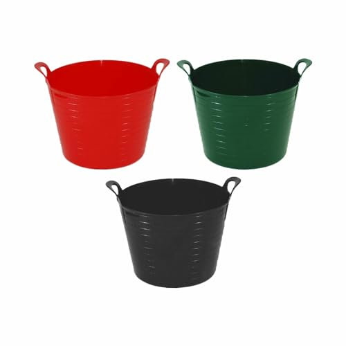 JMS we create smile - SET OF 3 | 26l Litre Rubber Flexi Strong Bucket Medium Planter Washing Basket Rubber Flexi Strong Tub For Home Garden MADE IN U.K. (Red, Dark Green & Black)
