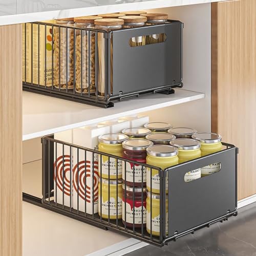 YunNasi Pull Out Cabinet Organizer Slide Out Drawer Storage Shelves Cupboard Organiser Sliding Cabinet Basket for Kitchen with Silent Slide No Drilling and Nailing (Black, 2Piece 38Dx25Wx19H CM)