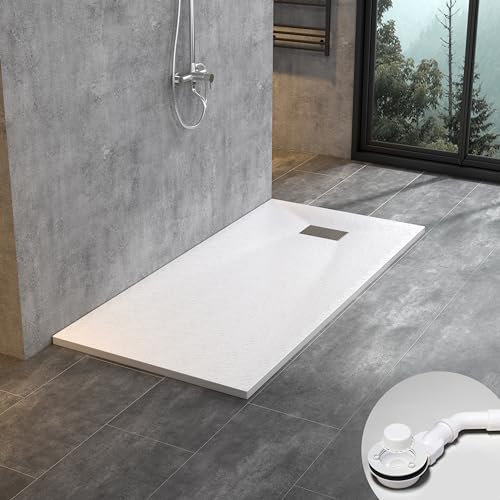 WITEN&NOCK SMC Duschwanne 170x70cm weiß Brausewanne Duschtasse 3,2cm extra flache Steinoptik Antirutsch inkl. Edelstahl Abdeckung und Ablaufgarnitur Ø90mm Siphon