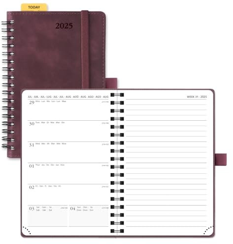 POPRUN Taschenkalender 2025 Klein Ringbuch mit Softcover, ca. A6 (16 x 10,5 cm) - Kalender 2025 Buchkalender Notizbuch (Jan.2025-Dez.2025) mit 100 GSM Papier - Weinrot