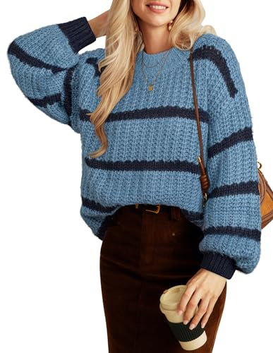 GRACE KARIN Jumpers for Women Autumn Winter Crew Neck Daily Elastic Sweater Navy Blue Stripes L