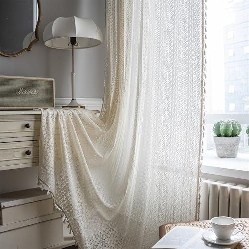Freyamy Landhausstil Bestickte Gardinen Transluzente Beige Vorhänge mit Stangedurchzug,Outdoor Baumwolle Quasten Stangentaschenvorhang Blickdicht Verdunklungsvorhänge Vorhang 2x260x150cm (HxB)