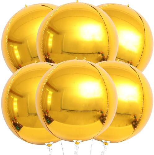 Metallic Luftballons, 6 Stück Gold Glänzende Ballons, 22 Zoll 4D Folienballon, Runde Helium Ballons für Babyparty, Hochzeit, Party, Dekoration, Karnevals