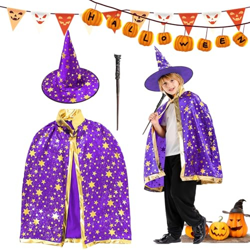 FainFun Cappello e Mantello da Mago, Mantello e Cappello Mago Bambino, Zucca Mantello con Cappello, Mantello da Strega per Bambina, per una Festa in Costume di Halloween per i Bambini